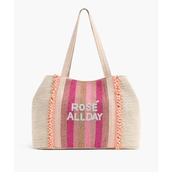 America and Beyond ROSE ALL DAY Tan Pink Large Tote Shoulder Beach Bag New - Picture 14 of 16